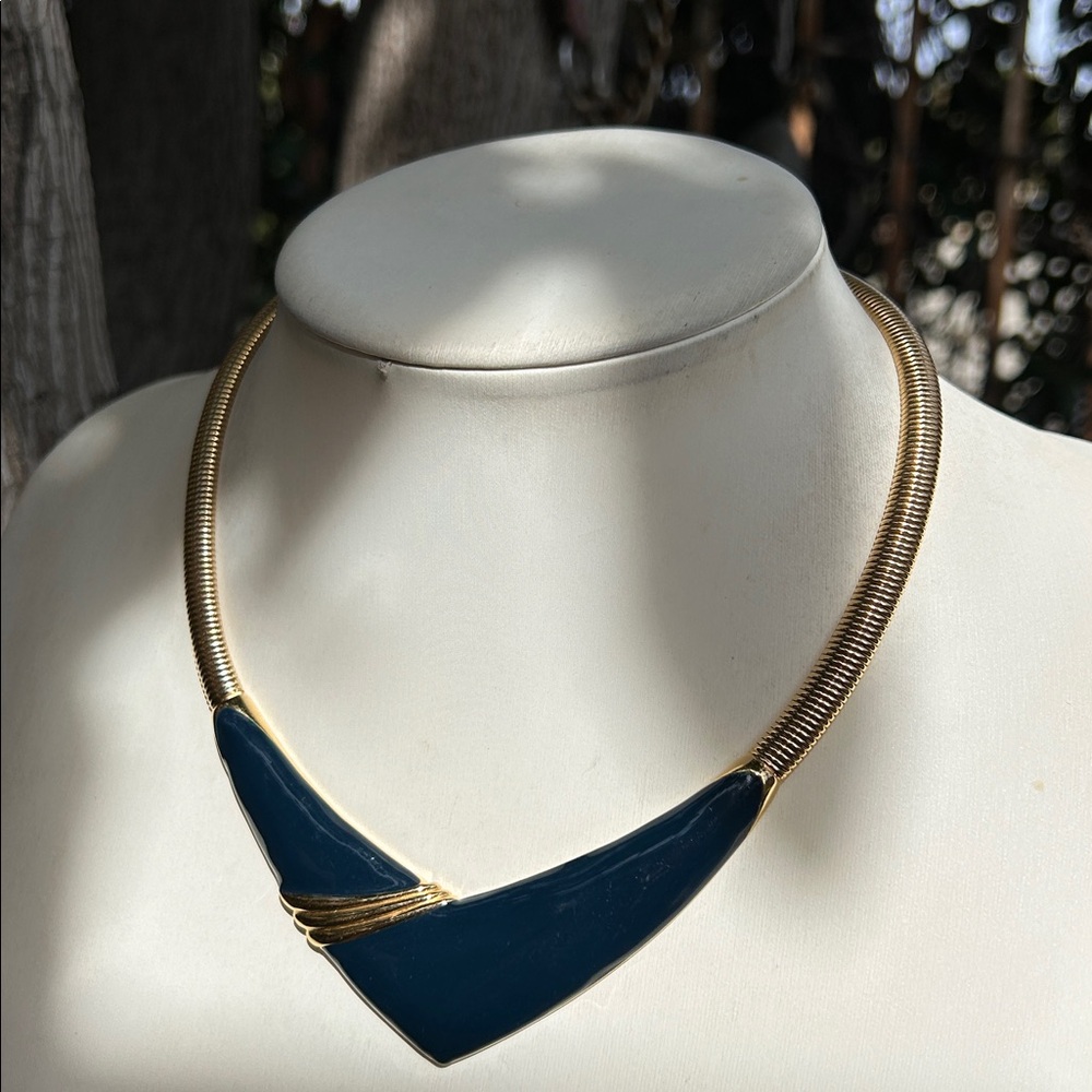 Monet Gold Tone Dark Blue Enamel Choker Necklace